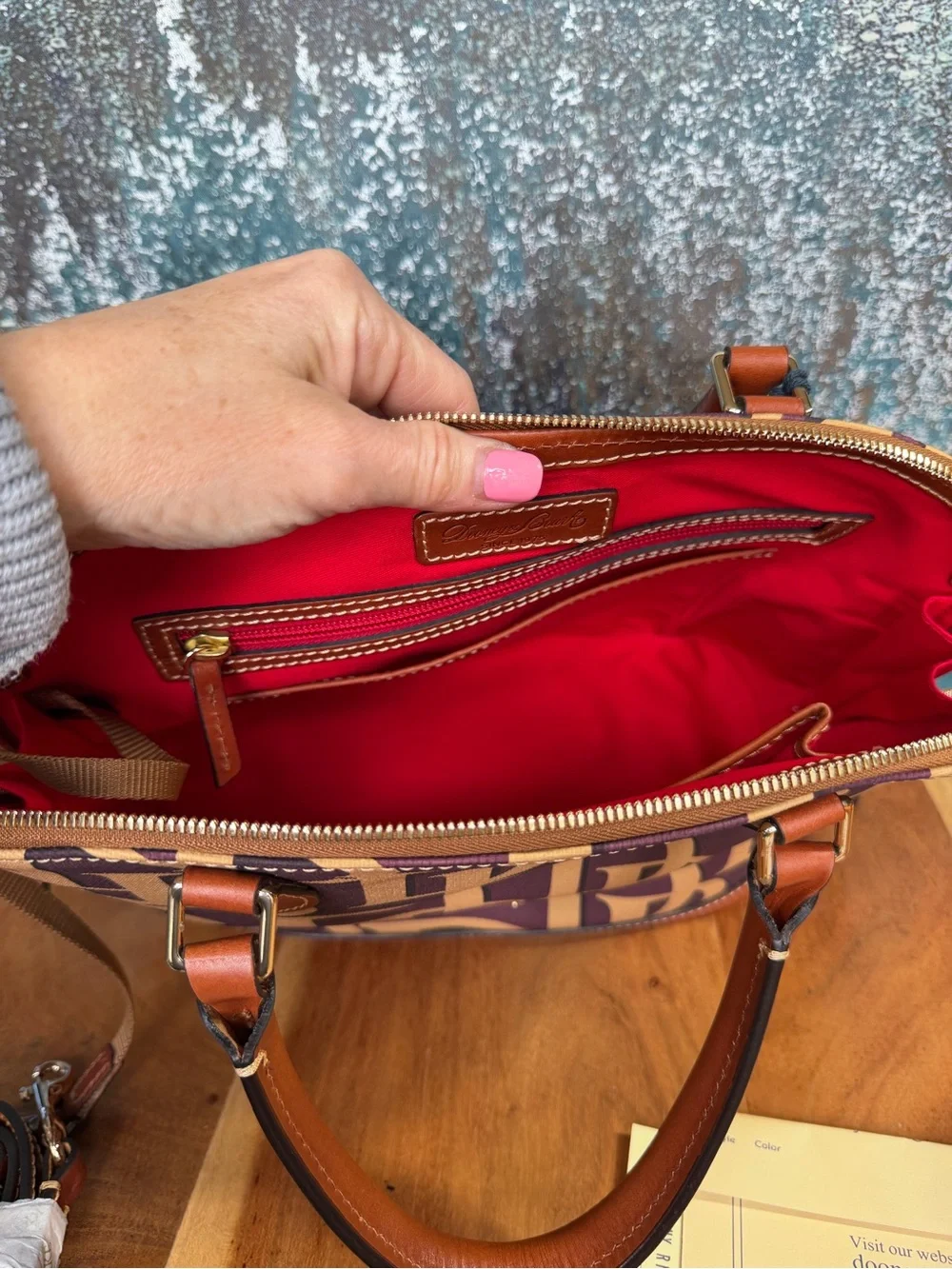 Dooney & Bourke Preppy Plum & British Tan DB Monogram Domed Satchel‎ NWT